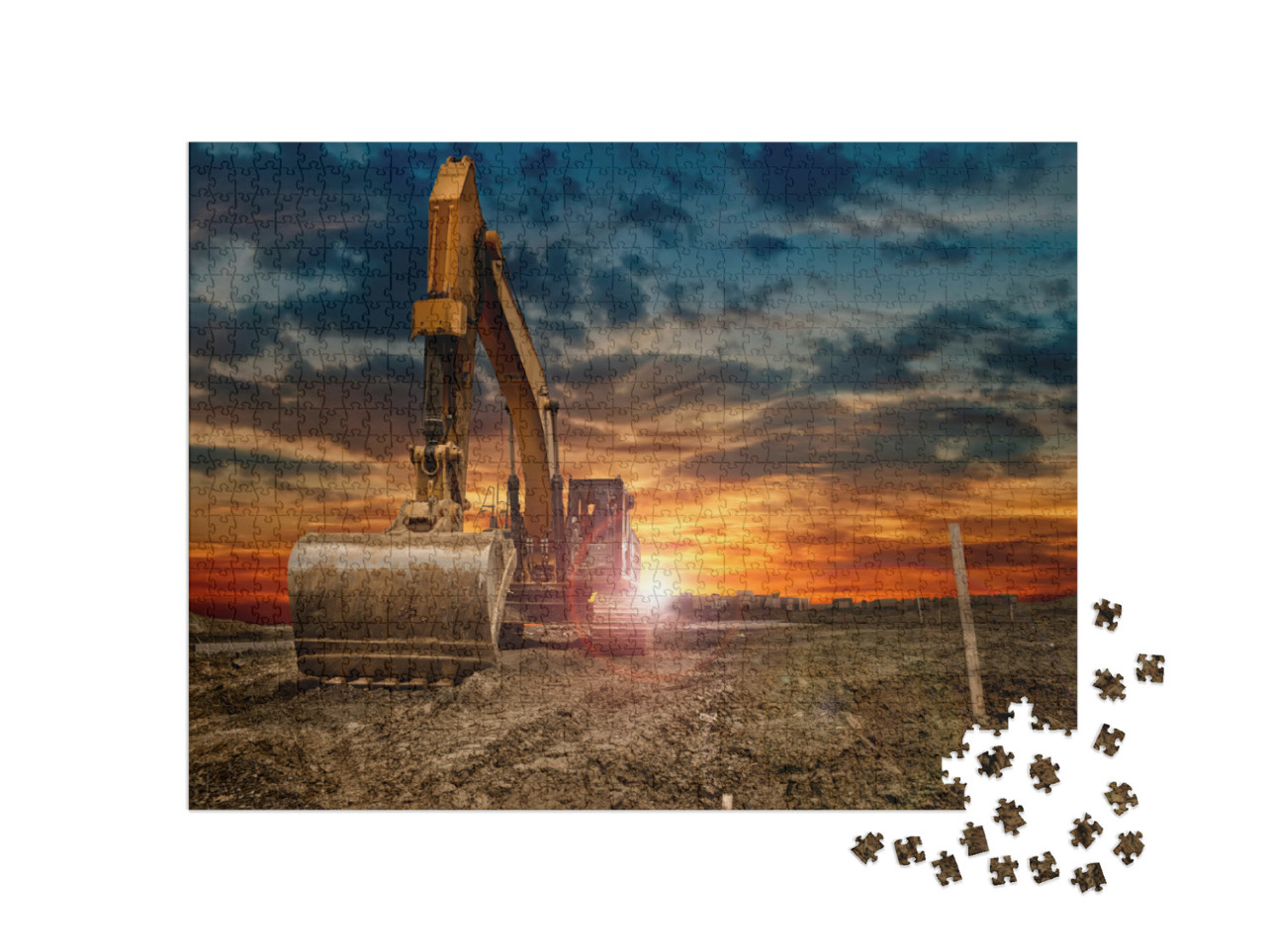 Puzzel 1000 stukjes „Graafmachine op de bouwplaats bij zonsondergang“