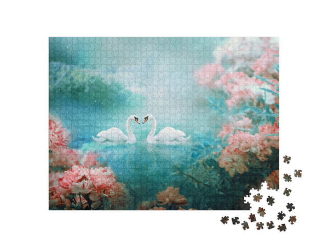 Puzzel 1000 stukjes „Twee witte zwanen zwemmen door een sprookjeslandschap“