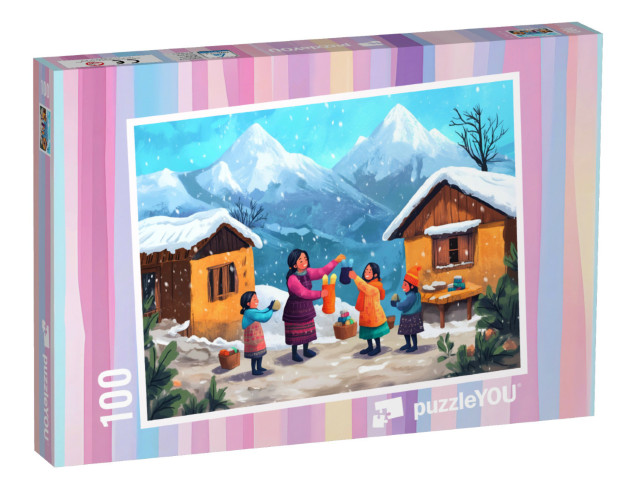 Puzzel 100 stukjes „Besneeuwde reis naar de hoogste toppen“
