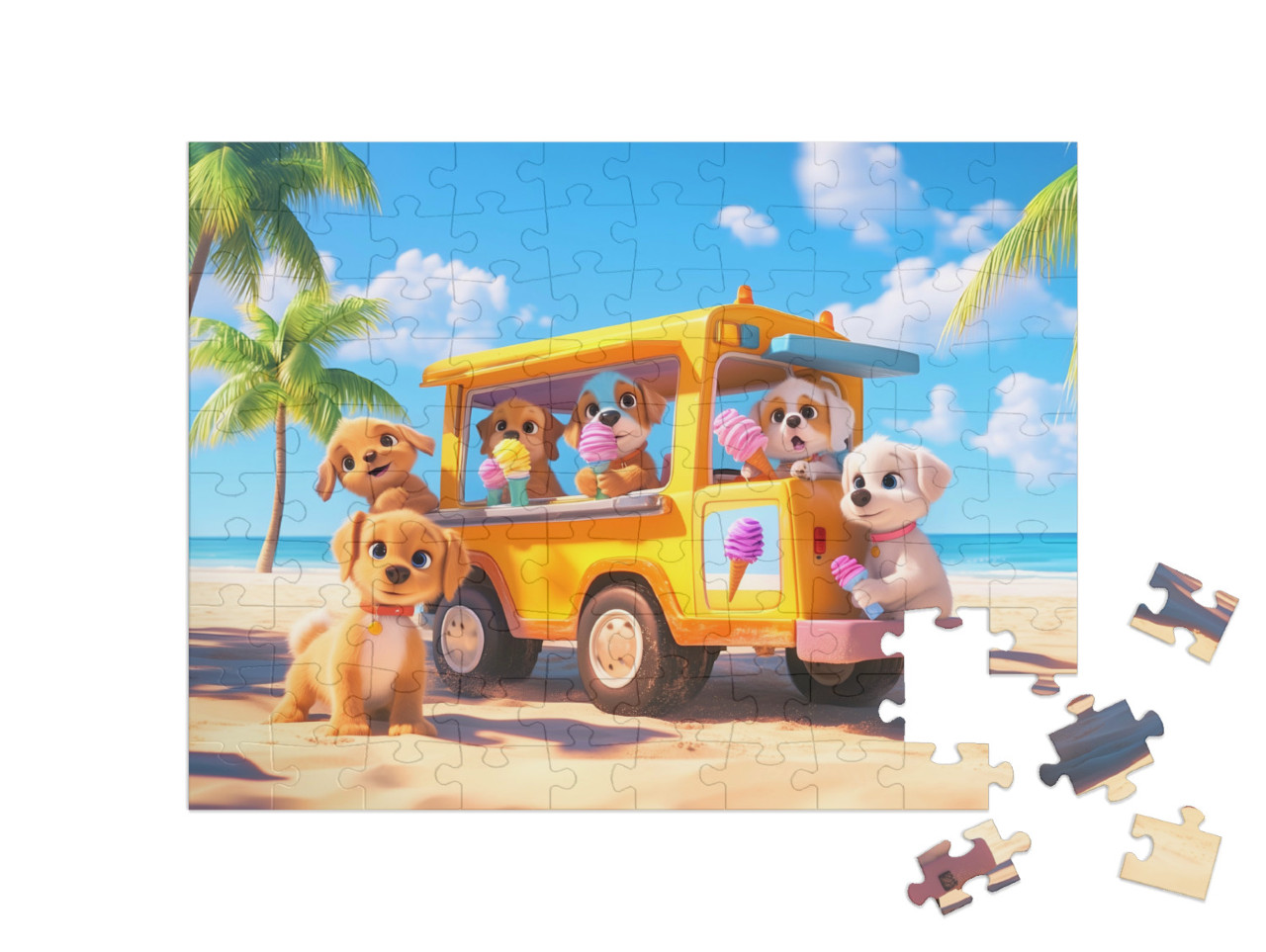 Puzzel 100 stukjes „De puppy-ijswagen op het strand“
