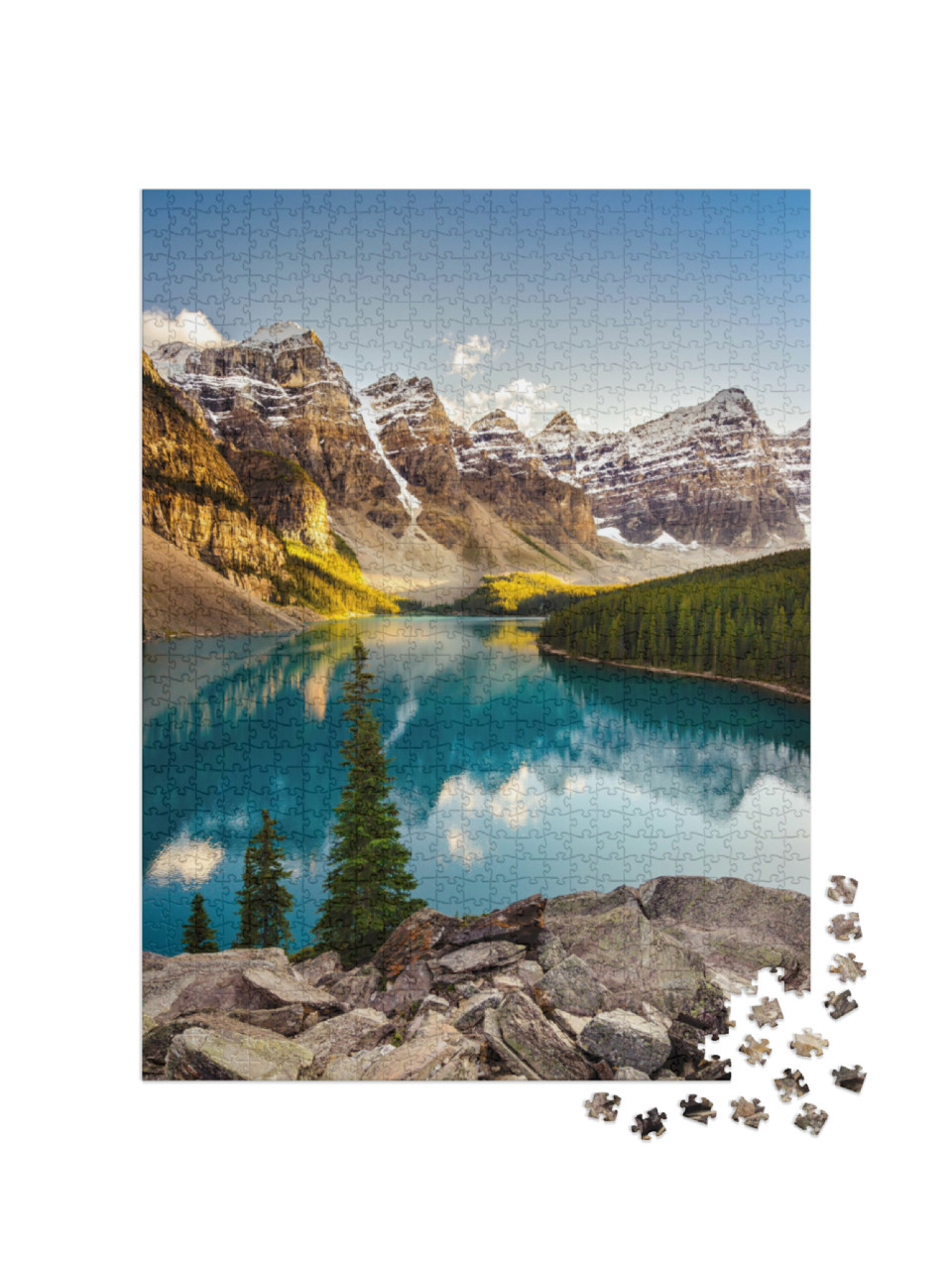 Puzzel 1000 stukjes „Lake Moraine bij zonsondergang in de Canadese Rocky Mountains“