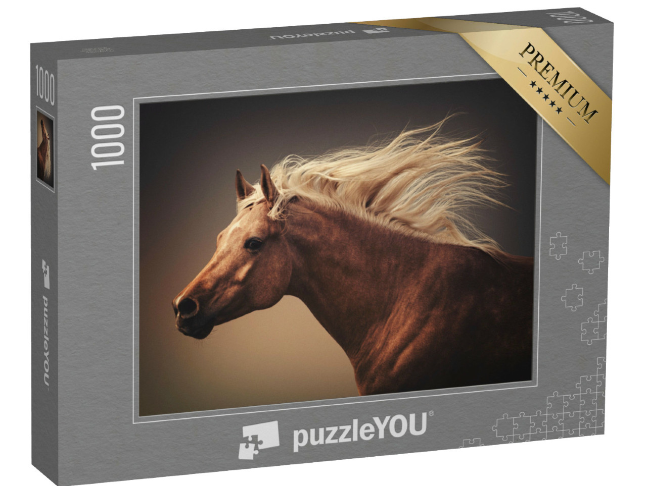 Puzzel 1000 stukjes „Paard met vliegende manen in het stof van de galop“