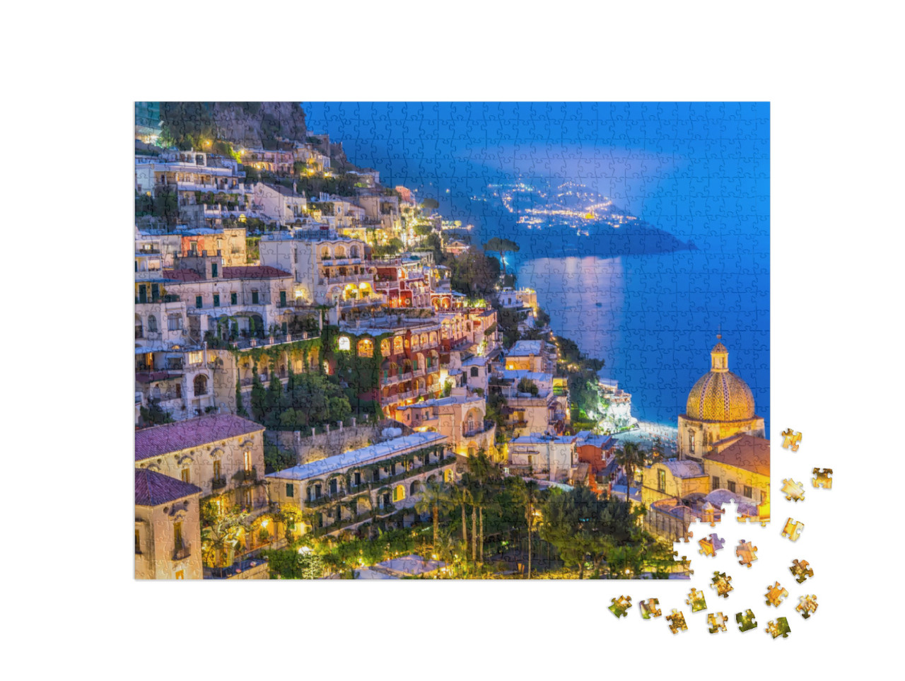 Puzzel 1000 stukjes „Nachtzicht van het dorp Positano aan de Amalfikust, Italië“