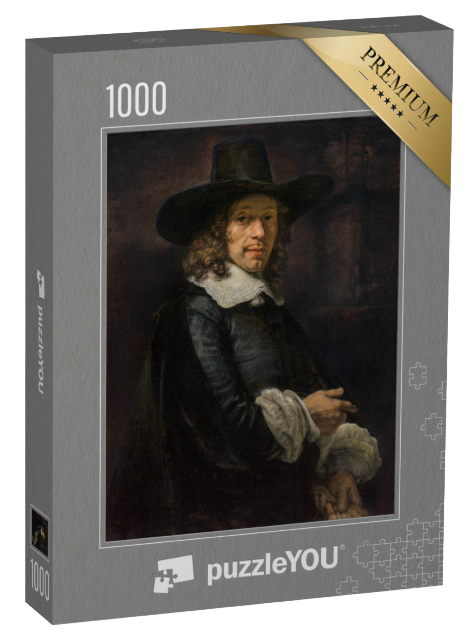 Puzzel 1000 stukjes „Rembrandt - Portret van een heer met een grote hoed en handschoenen“
