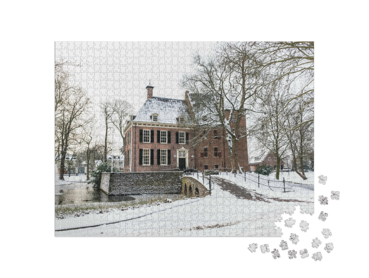 Puzzel 1000 stukjes „Kasteel in de winter en sneeuw in Bemmel, Nederland“