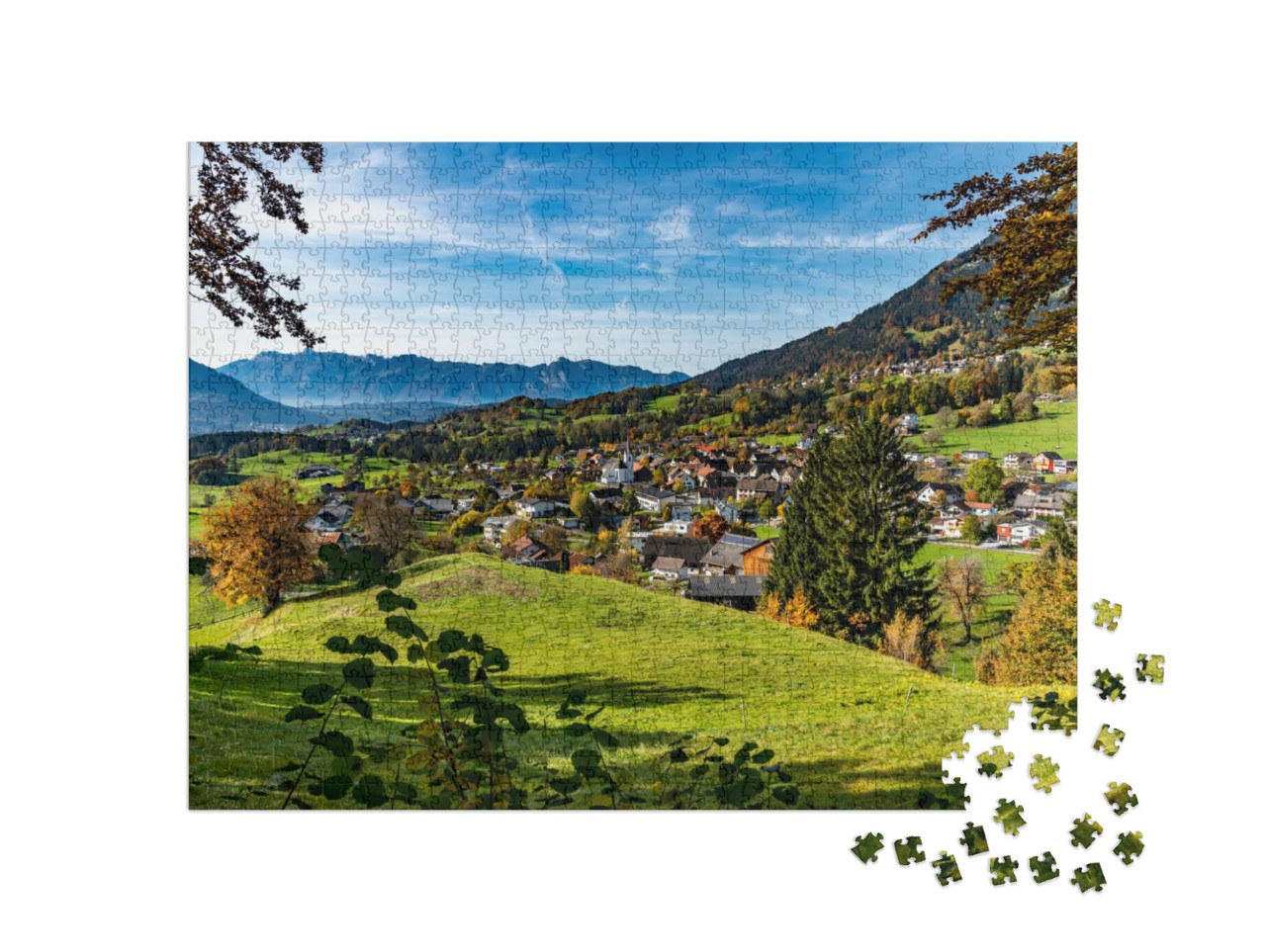 Puzzel 1000 stukjes „Het herfstige uitzicht over een klein dorpje in de vallei“