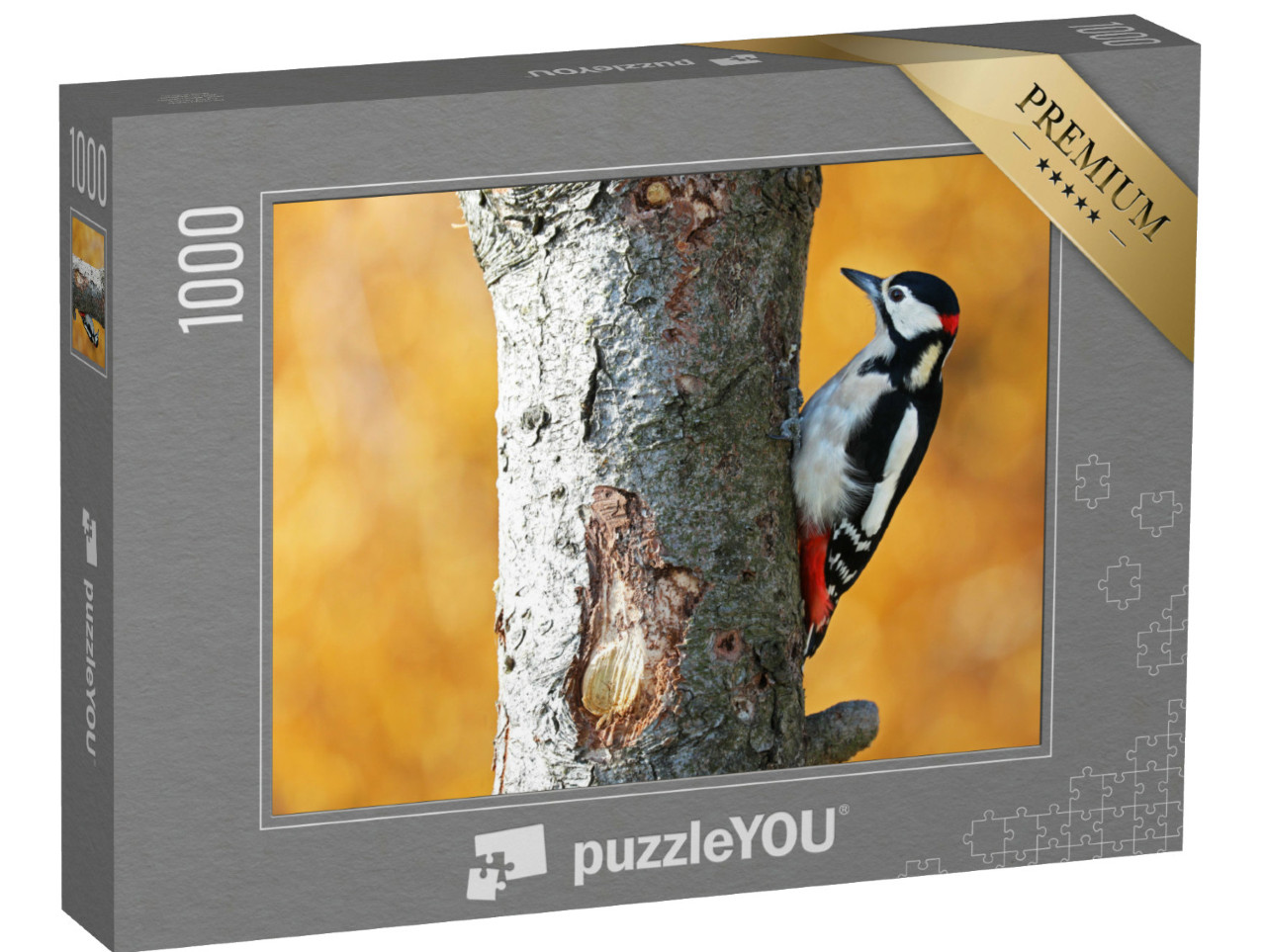 Puzzel 1000 stukjes „Grote bonte specht in het herfstbos“