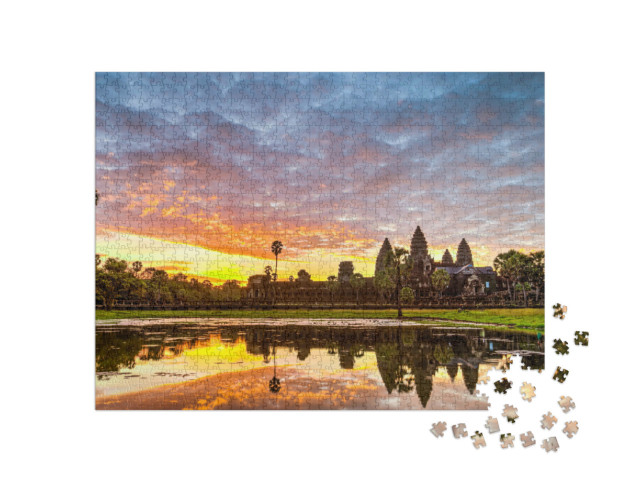 Puzzel 1000 stukjes „Silhouet van Angkor Wat bij zonsopgang, Cambodja“