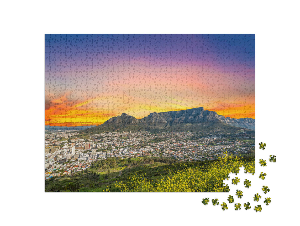 Puzzel 1000 stukjes „Kaapstad met de Tafelberg in de schemering in de Westkaap van Zuid-Afrika“
