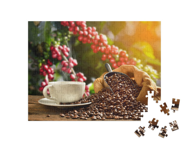 Puzzel 200 stukjes „Dampende kop koffie met koffiebonen“