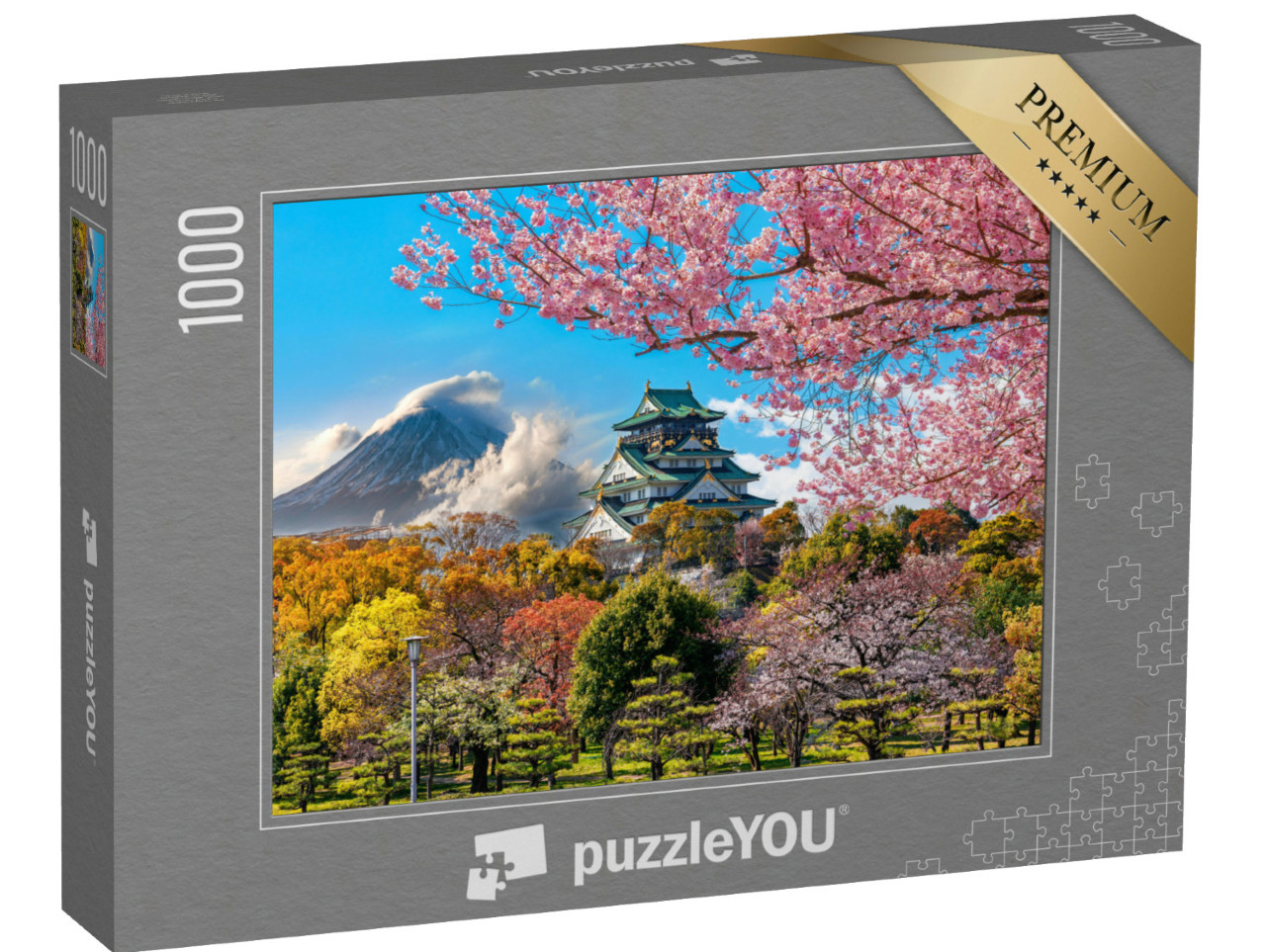 Puzzel 1000 stukjes „Kersenbloesem bij het kasteel van Osaka en de berg Fuji, Japan“