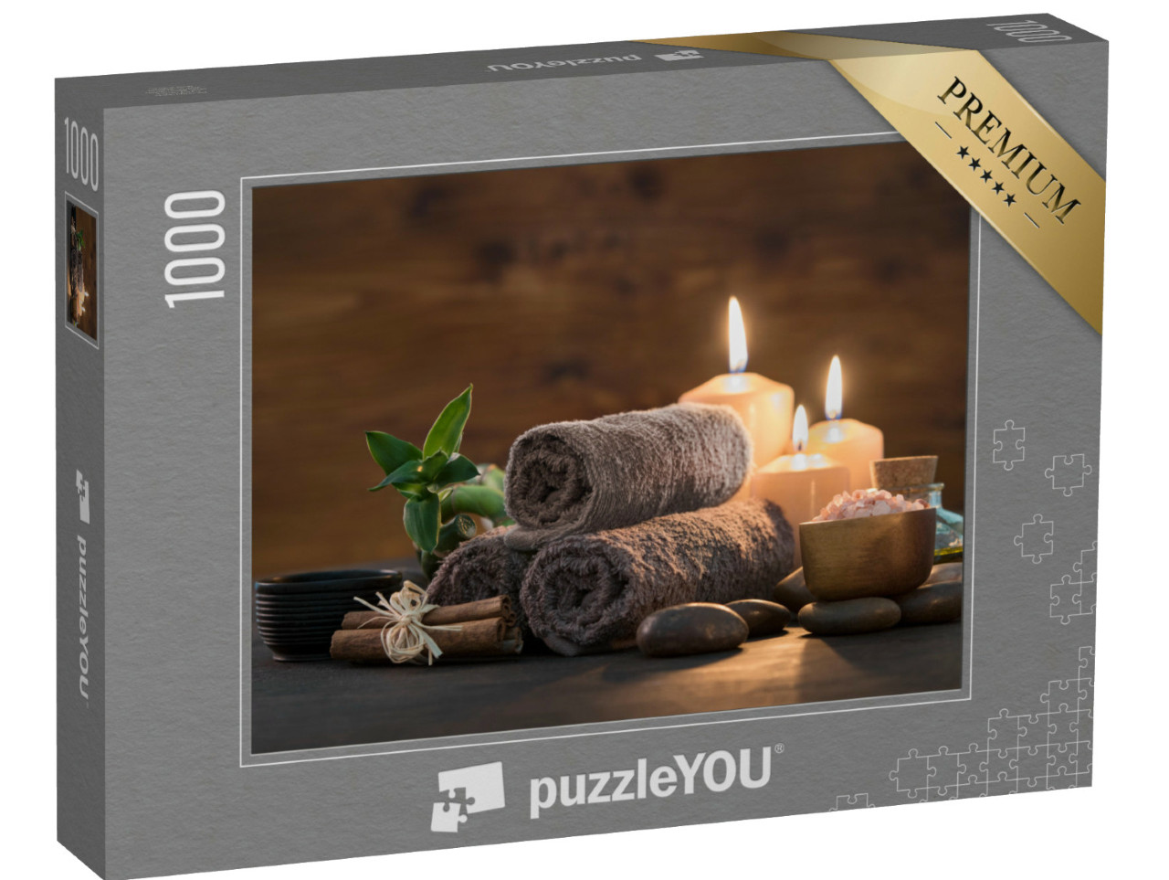 Puzzel 1000 stukjes „Handdoeken met bamboe en kaarsen om te ontspannen“