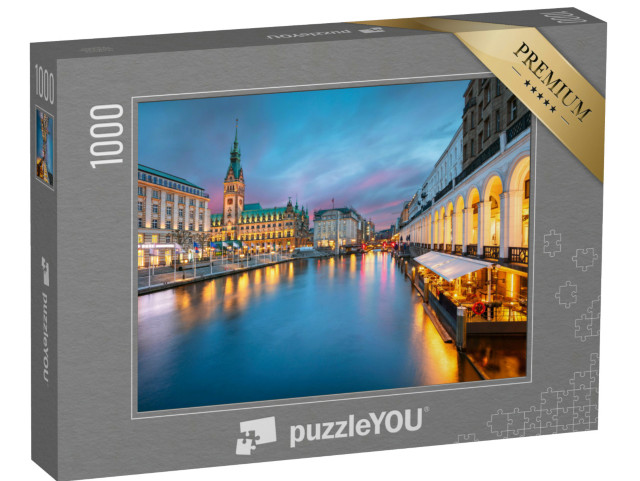 Puzzel 1000 stukjes „Stadhuis van Hamburg en het Alstermeer bij zonsondergang“