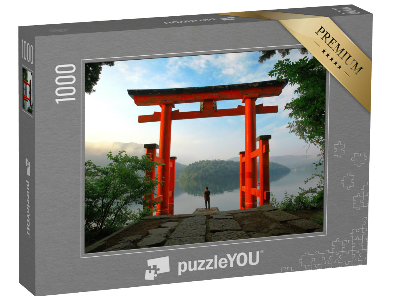 Puzzel 1000 stukjes „Torii poort van het Hakone heiligdom aan het Ashimeer in Japan“