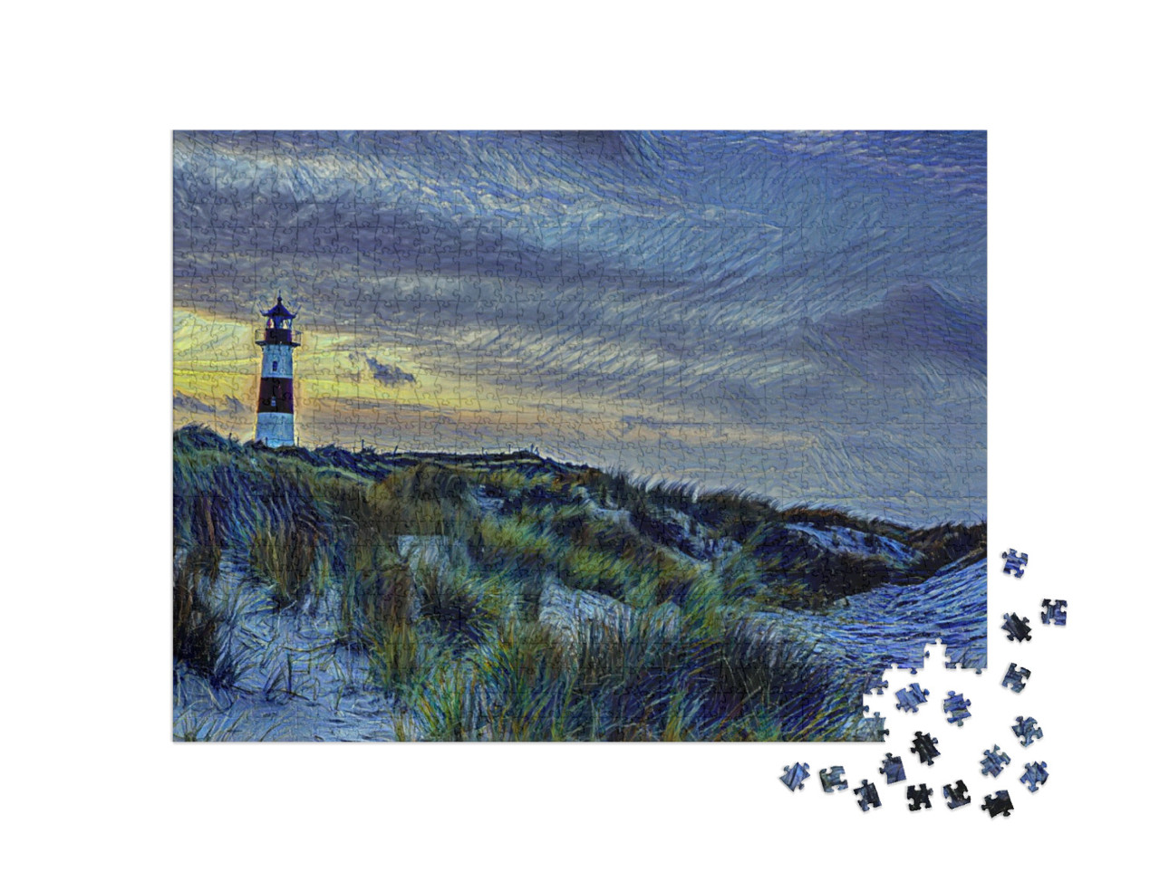 Puzzel 1000 stukjes „in de kunststijl van van Gogh, Sterrennacht - Noordse vuurtoren op Sylt“