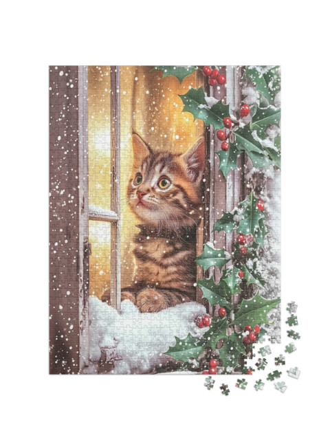 Puzzel 1000 stukjes „Période de Noël : un chaton regarde par la fenêtre hivernale“