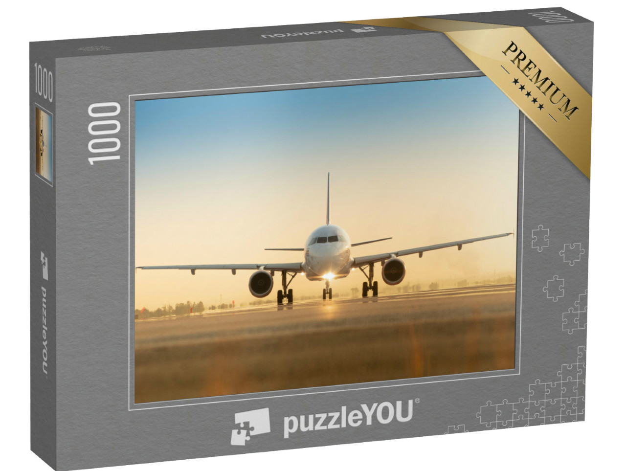Puzzel 1000 stukjes „Vliegtuig op de startbaan bij zonsondergang“
