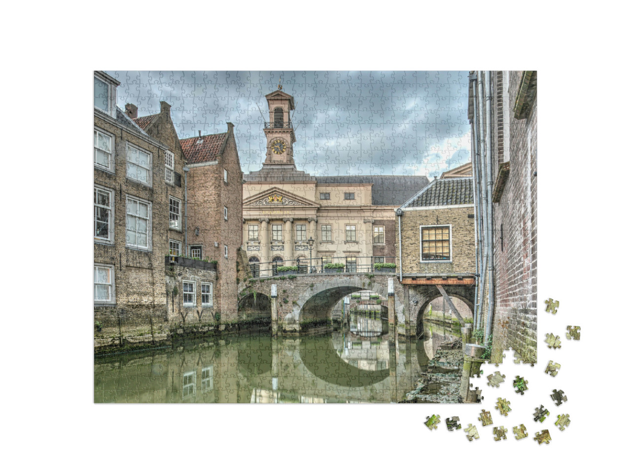 Puzzel 1000 stukjes „Kanaal met oude huizen direct aan het water in Dordrecht, Nederland“