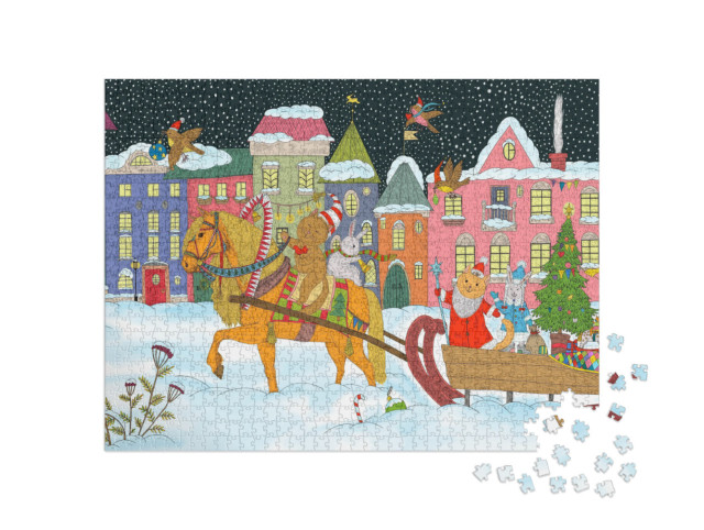 Puzzel 1000 stukjes „Kerst met dieren: De kerstman en dieren op een paardenslee“