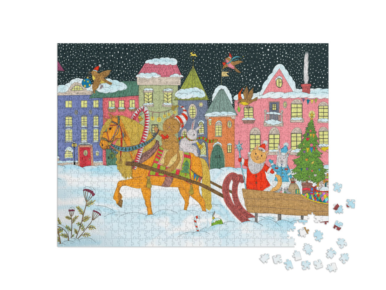 Puzzel 1000 stukjes „Kerst met dieren: De kerstman en dieren op een paardenslee“