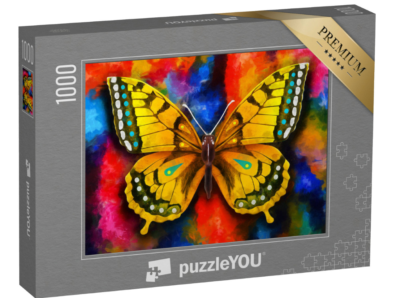 Puzzel 1000 stukjes „Olieverfschilderij: Kleurrijke vlinder op een kleurrijke achtergrond“