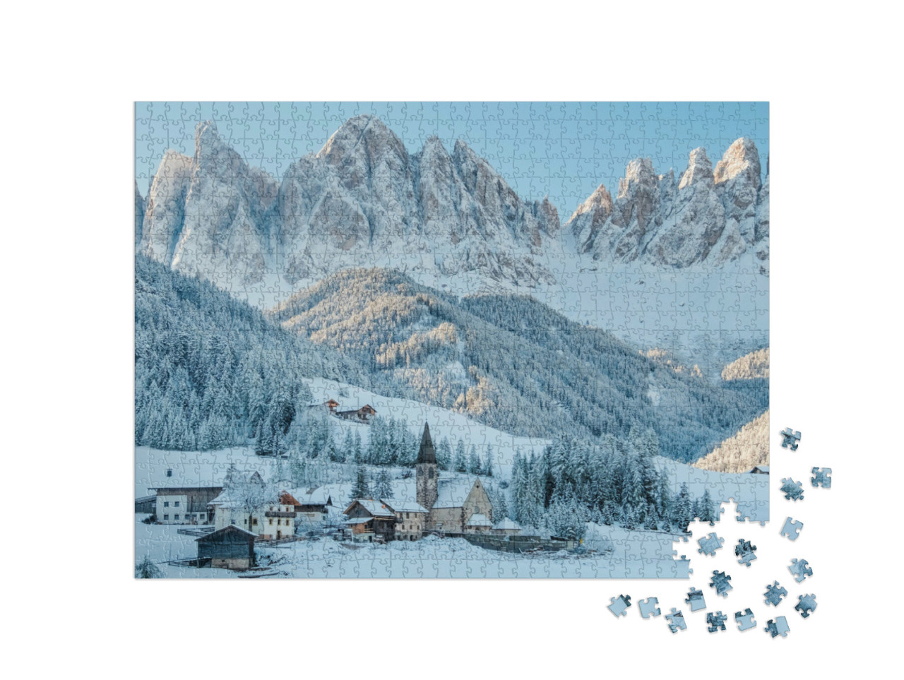 Puzzel 1000 stukjes „Besneeuwd dorp Val di Funes, Zuid-Tirol, Italië“