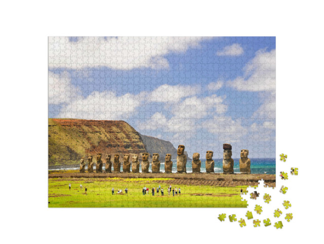 Puzzel 1000 stukjes „Stenen figuren Moais van Ahu Tongariki op Paaseiland, Chili“