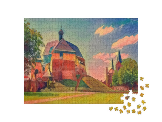 Puzzel 1000 stukjes „in de kunststijl van Franz Marc - kasteel en kerk in Keverburg aan de Maas, Nederland“