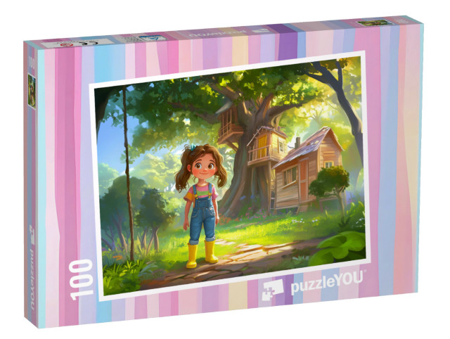 Puzzel 100 stukjes „Het meisje en haar geheime boomhut in het bos“
