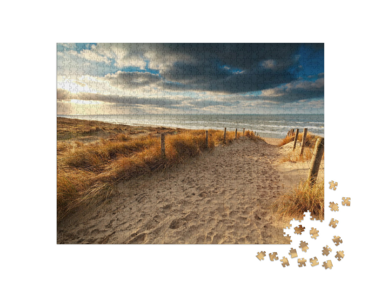 Puzzel 1000 stukjes „Zonsondergang over zandpad naar de Noordzee, Nederland“