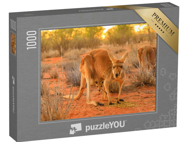 Puzzel 1000 stukjes „Vrouwelijke rode kangoeroe met een kitten in haar buidel“
