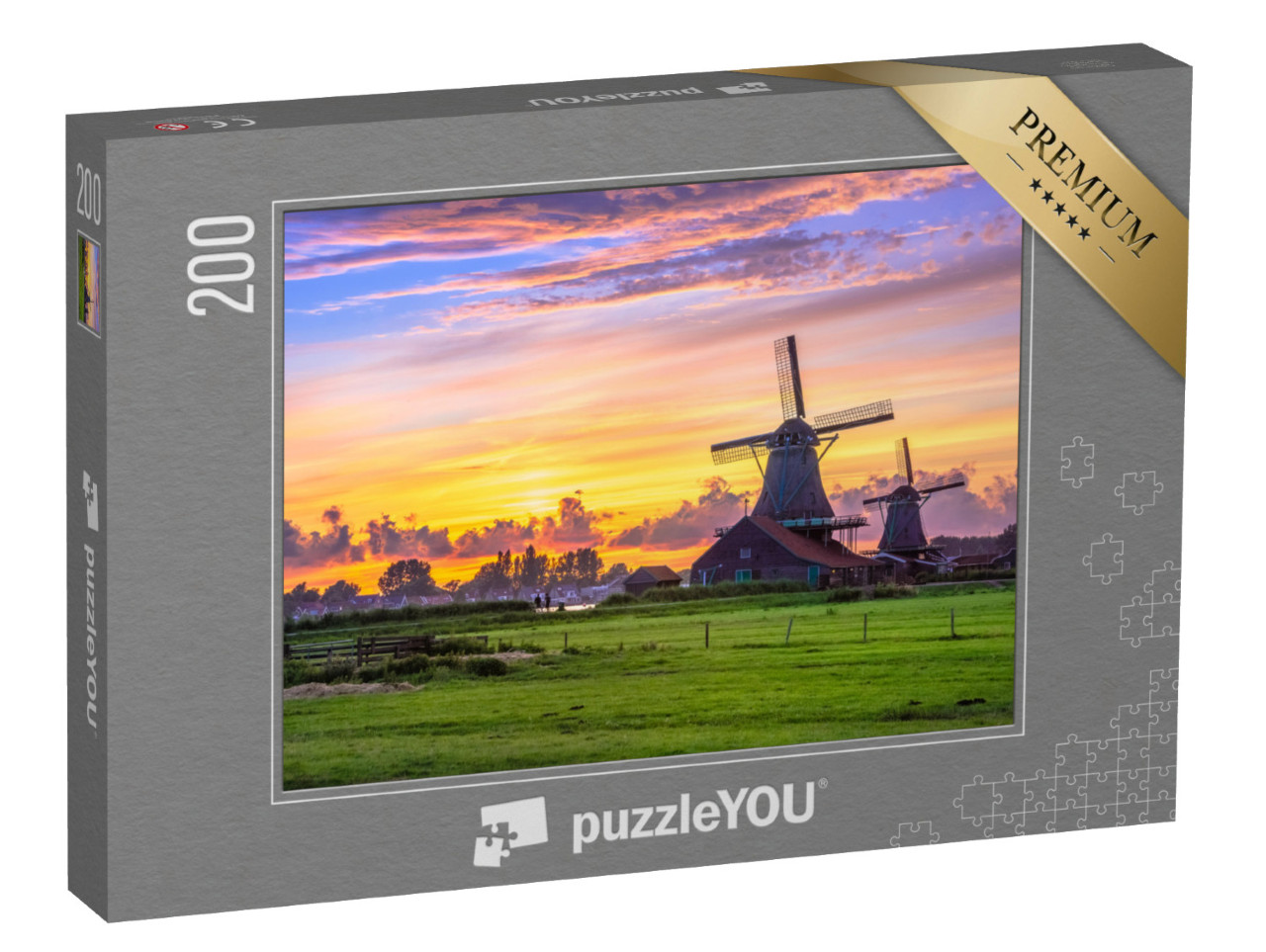 Puzzel 200 stukjes „Traditioneel dorp met Nederlandse windmolens bij zonsondergang“