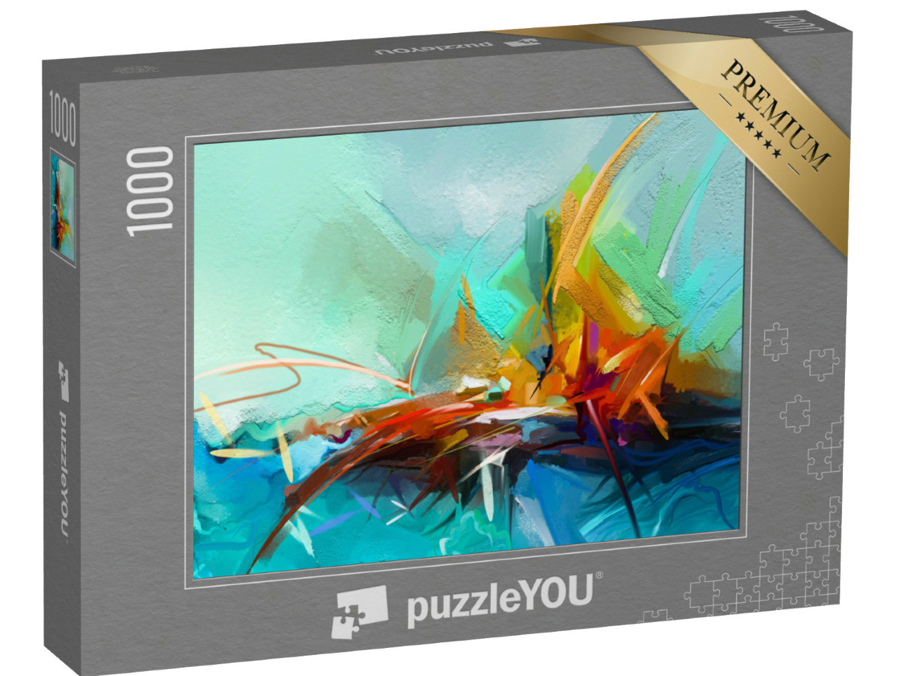 Puzzel 1000 stukjes „Semi-abstracte afbeelding van een landschap, olieverfschilderij in geel, rood en blauw“