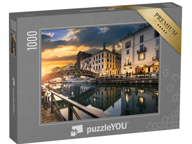 Puzzel 1000 stukjes „Brug over het Naviglio Grande-kanaal in de avond, Milaan, Italië“