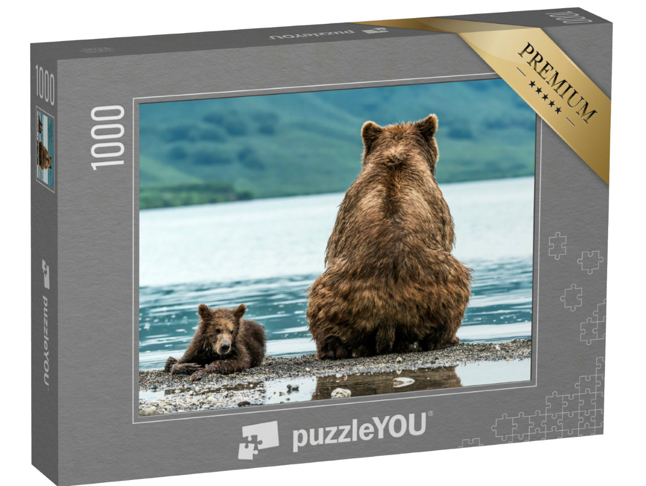 Puzzel 1000 stukjes „Een moederbeer met jong op het strand“