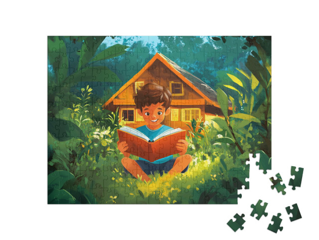 Puzzel 200 stukjes „Lezen in de tuin op een zomeravond“