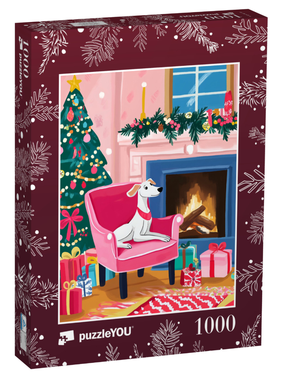 Puzzel 1000 stukjes „Un chien profite de la soirée de Noël devant le feu de cheminée“