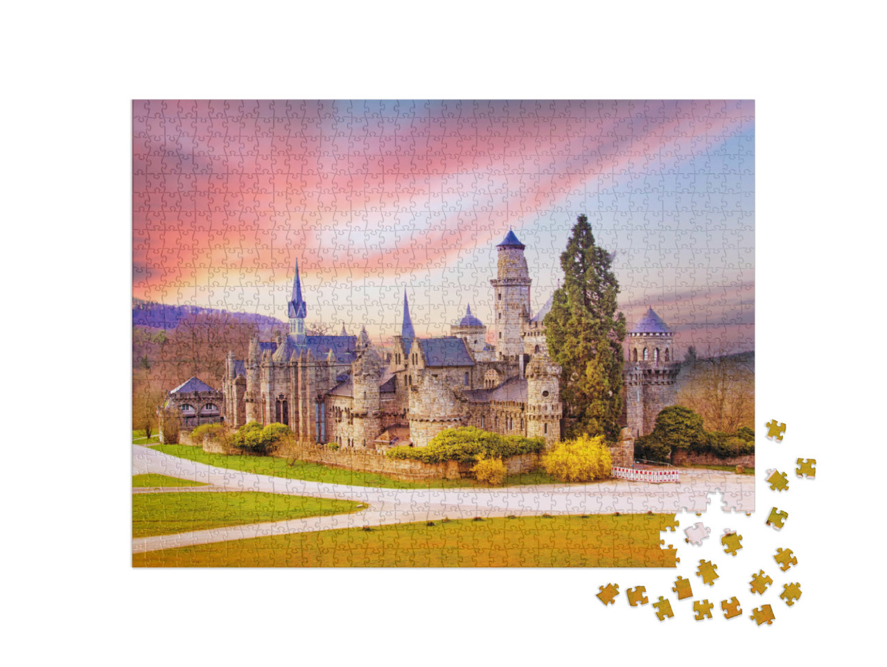 Puzzel 1000 stukjes „Landschap met middeleeuws leeuwenkasteel in het Wilhelmshöhe Paleispark, Kassel“