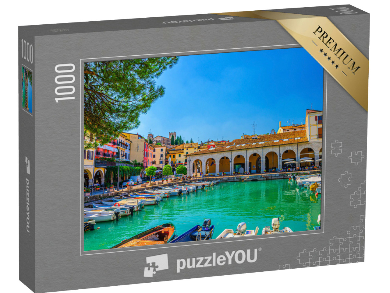 Puzzel 1000 stukjes „Oude haven met motorboten, Lombardije, Noord-Italië“