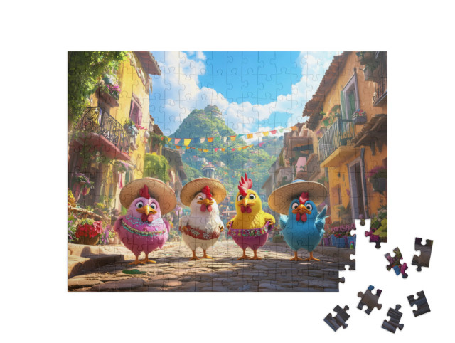Puzzel 200 stukjes „Kleurrijke kippen op zomervakantie“