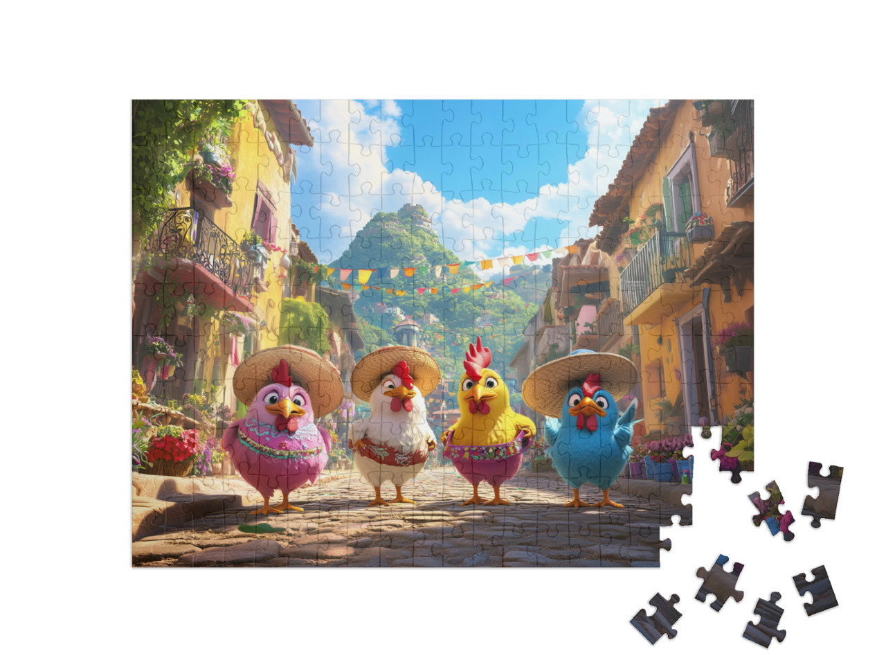 Puzzel 200 stukjes „Kleurrijke kippen op zomervakantie“