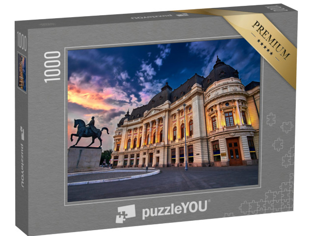 Puzzel 1000 stukjes „Boekarest bij zonsondergang. Calea Victoriei, Nationale Bibliotheek“