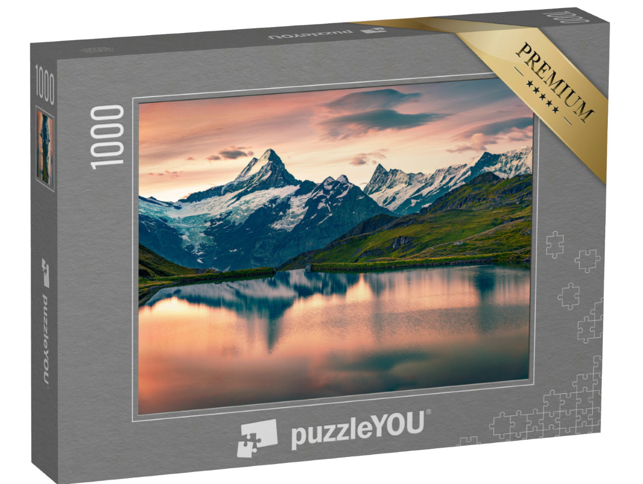 Puzzel 1000 stukjes „Zonsopgang over de toppen Schreckhorn en Wetterhorn, Zwitserland“