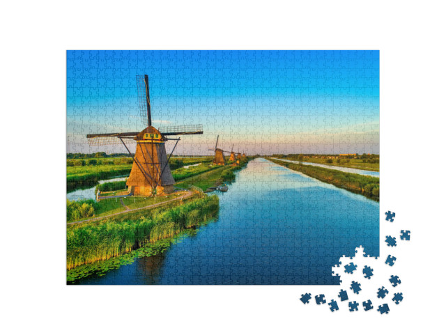 Puzzel 1000 stukjes „Luchtfoto van de traditionele windmolens in Kinderdijk, Nederland“