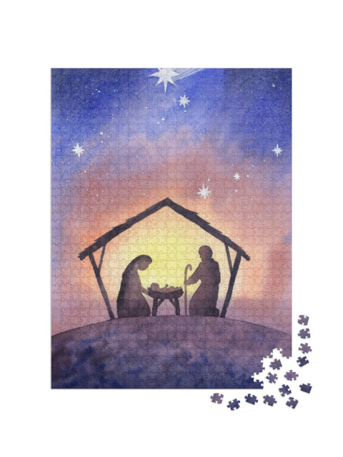 Puzzel 1000 stukjes „Aquarel: De stal van Bethlehem“