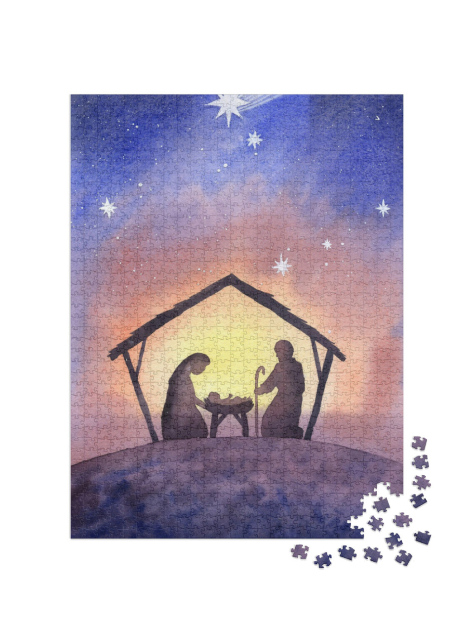 Puzzel 1000 stukjes „Aquarel: De stal van Bethlehem“