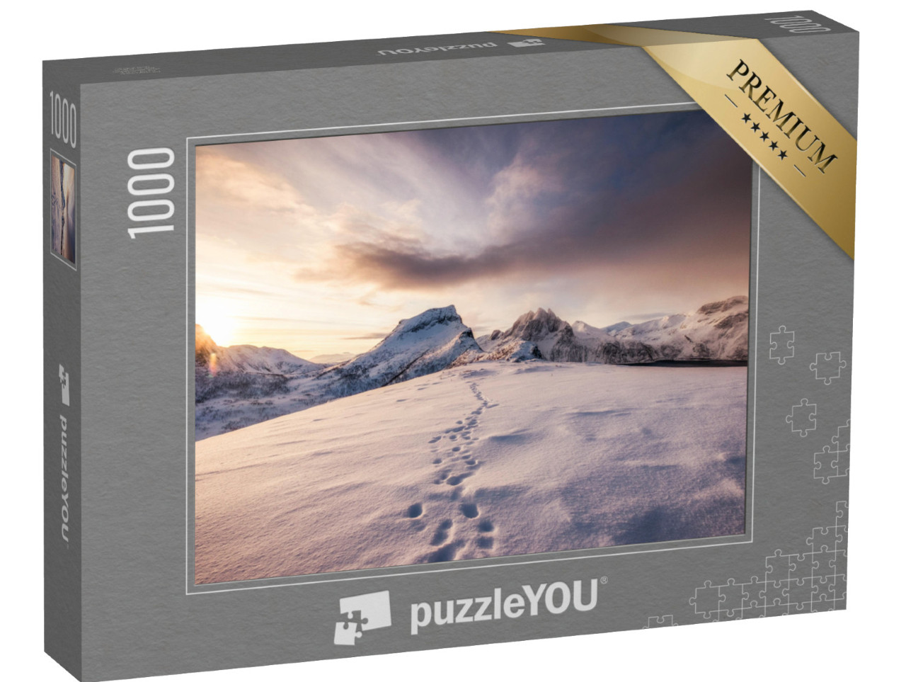 Puzzel 1000 stukjes „Sporen in de sneeuw bij zonsopgang in de bergen“