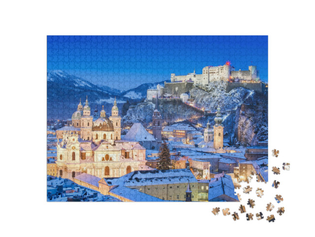 Puzzel 1000 stukjes „Prachtig uitzicht op de historische stad Salzburg met fort in de winter, Oostenrijk“