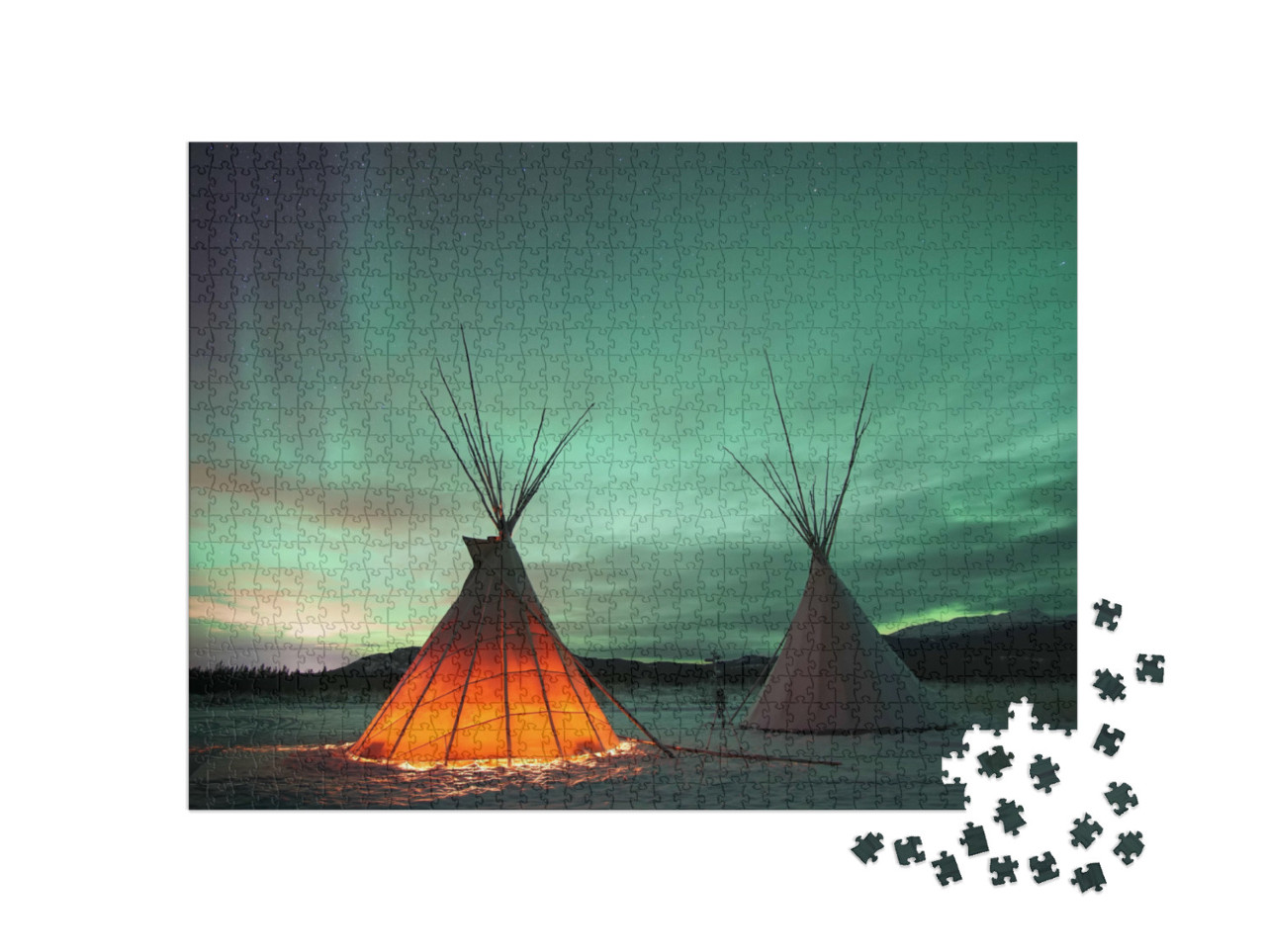 Puzzel 1000 stukjes „Indiaanse tipies onder het noorderlicht in Whitehorse, Yukon (Canada)“