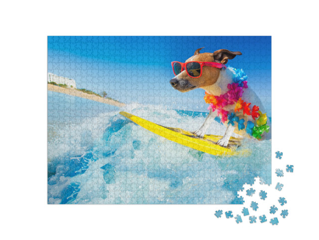 Puzzel 1000 stukjes „De koning der surfers: Jack Russell hond surft op de perfecte golf“